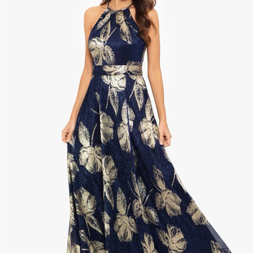 Betsy & Adam Petite “Ilaria” Formal Halter Foil Print Navy & Gold Dress 4P